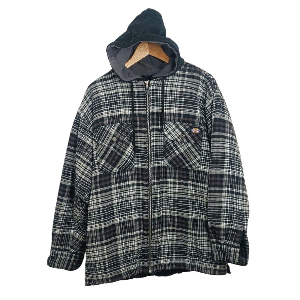 Dickies Men's Size Large Jacket Coat Work Plaid Quilted Hooded Black Gray Trades